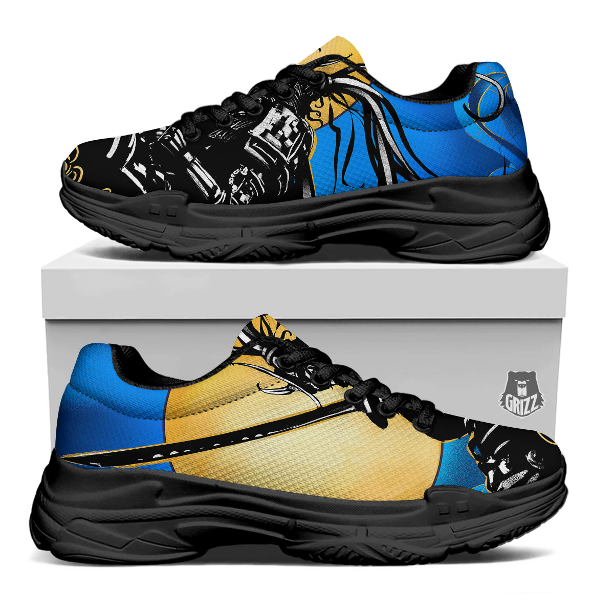 Golden Sun Samurai Blue Sky Print Black Chunky Shoes-grizzshop