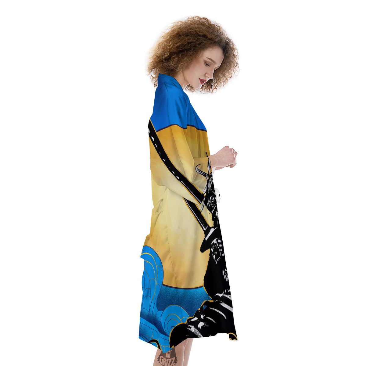 Golden Sun Samurai Blue Sky Print Kimono-grizzshop