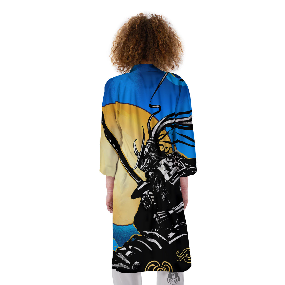 Golden Sun Samurai Blue Sky Print Kimono-grizzshop