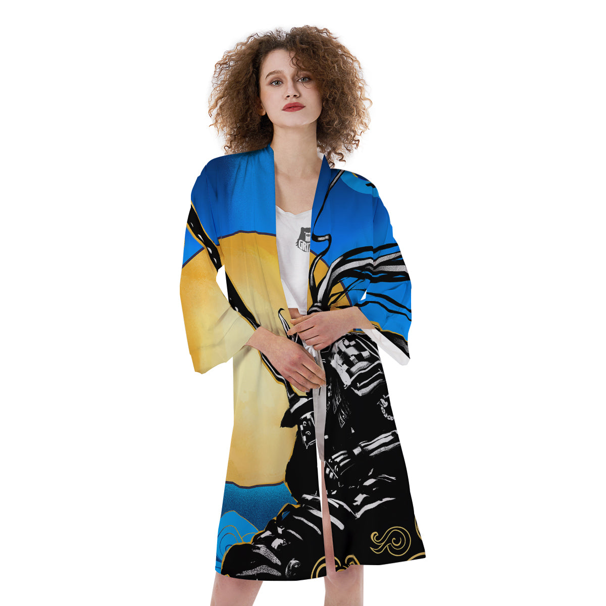 Golden Sun Samurai Blue Sky Print Kimono-grizzshop