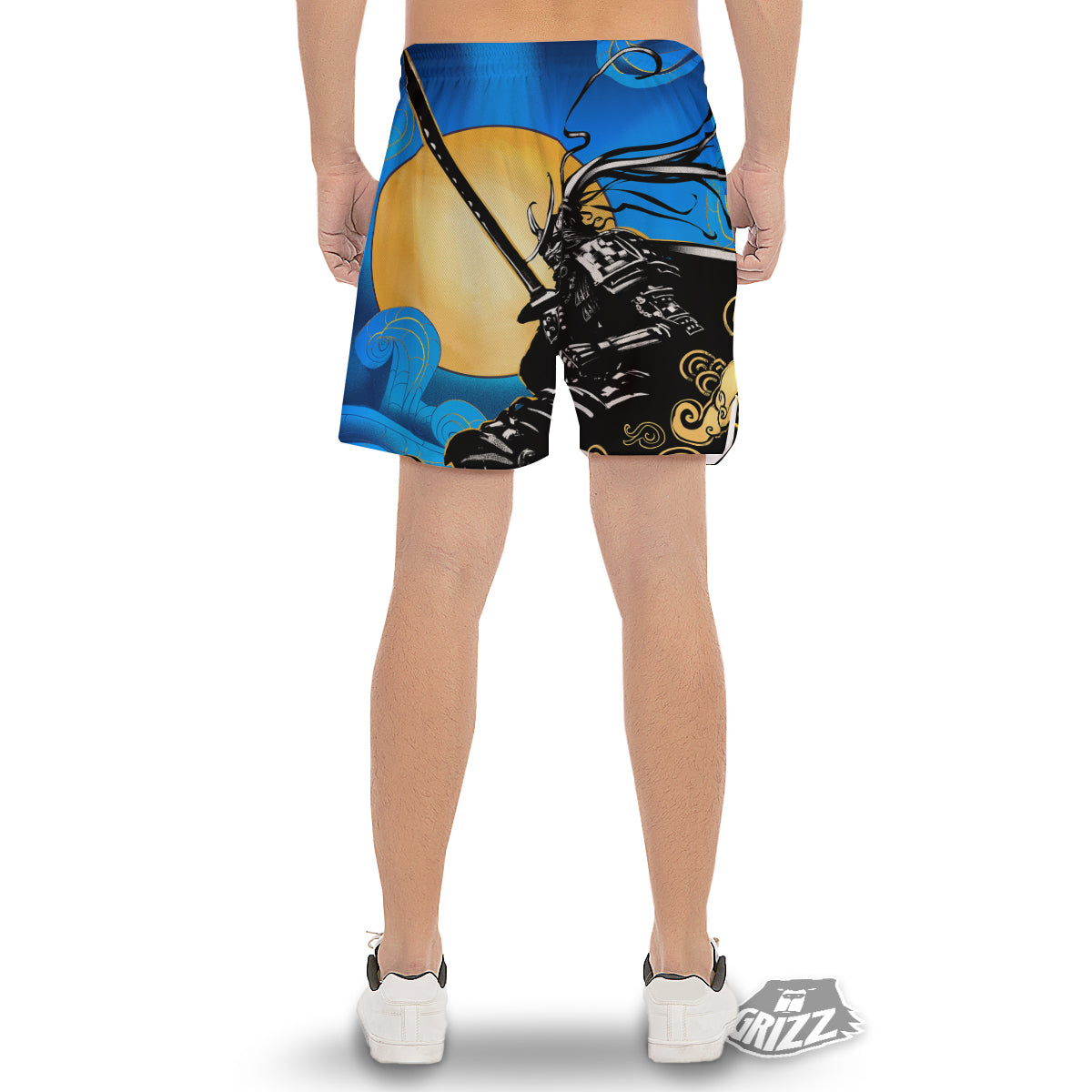 Golden Sun Samurai Blue Sky Print Men's Gym Shorts-grizzshop
