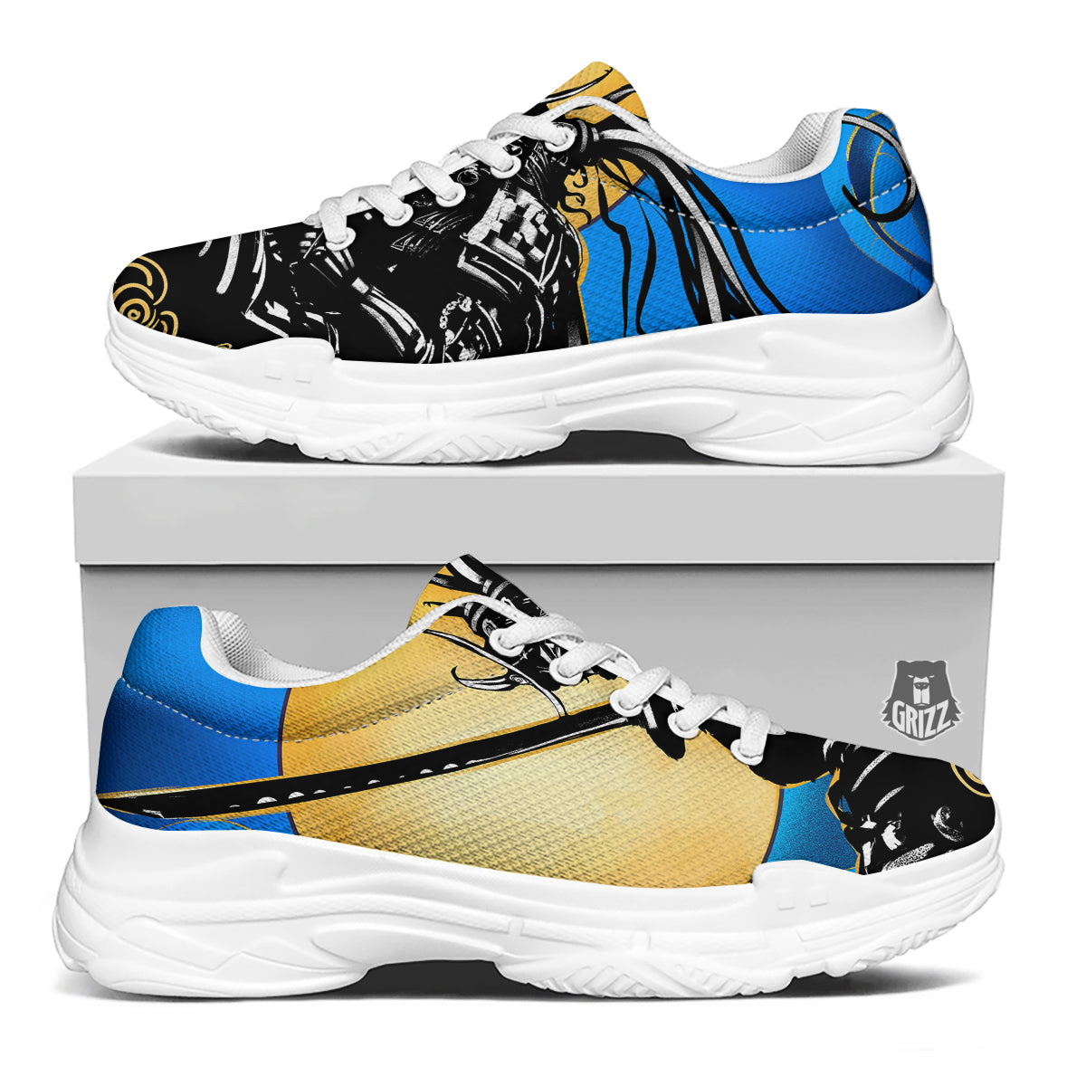 Golden Sun Samurai Blue Sky Print White Chunky Shoes-grizzshop