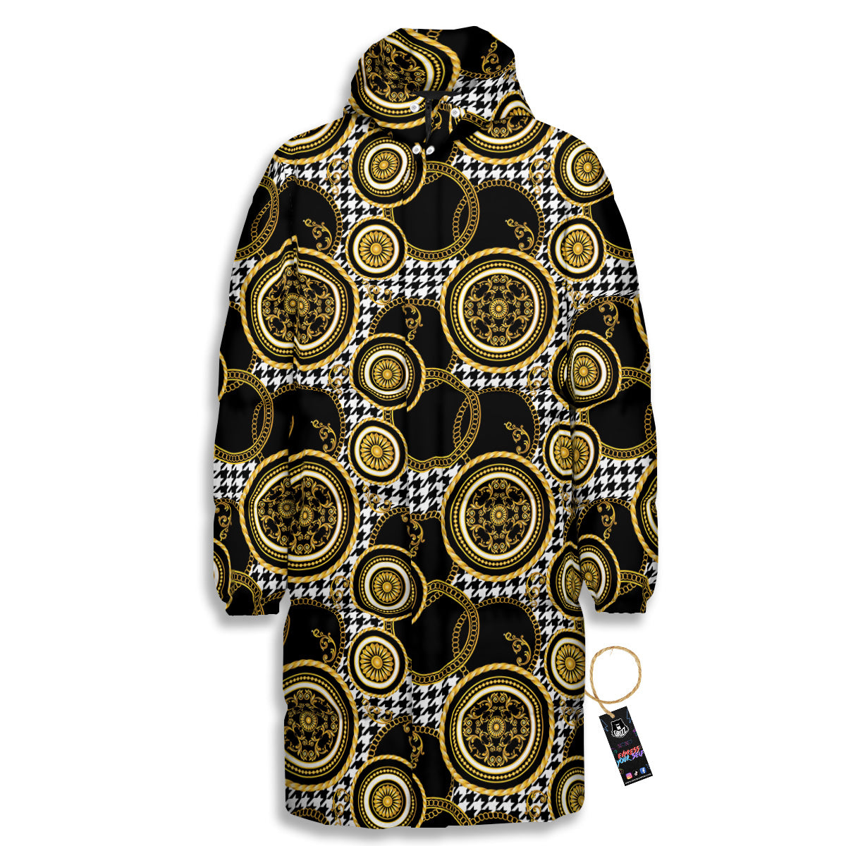 Golden Baroque And Black Houndstooth Print Pattern Long Down Jacket