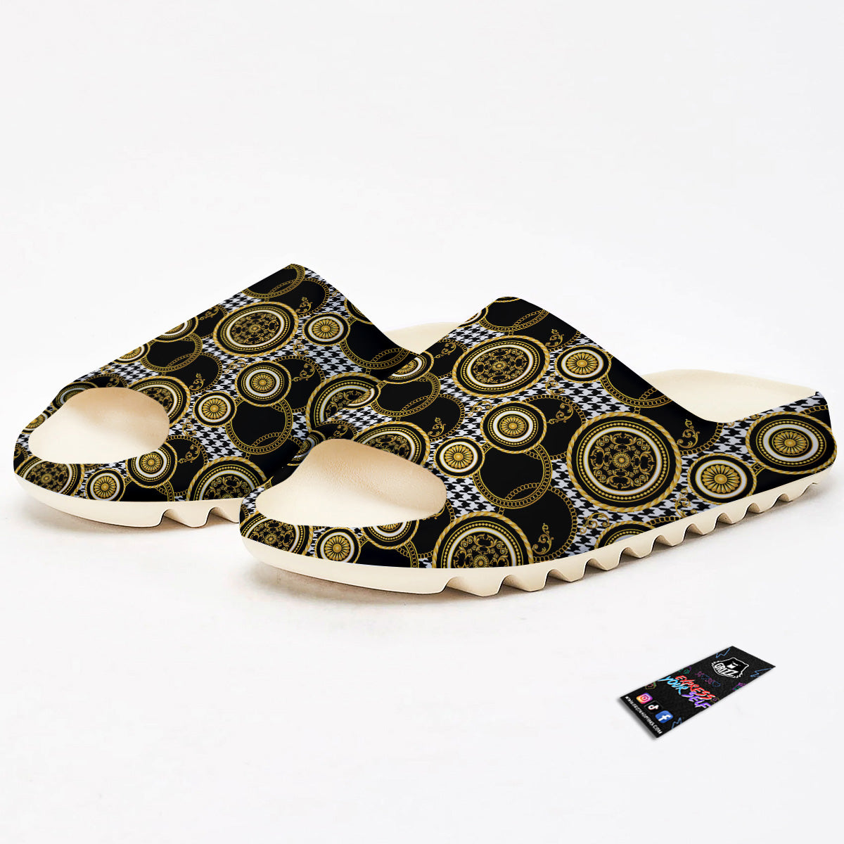 Golden Baroque And Black Houndstooth Print Pattern Sandals-grizzshop
