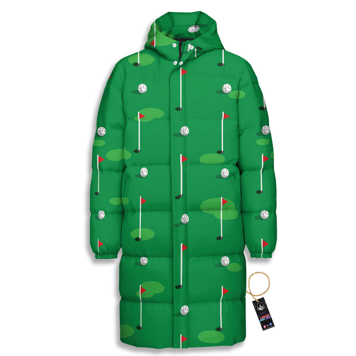 Golf Ball Green Print Pattern Long Down Jacket-grizzshop
