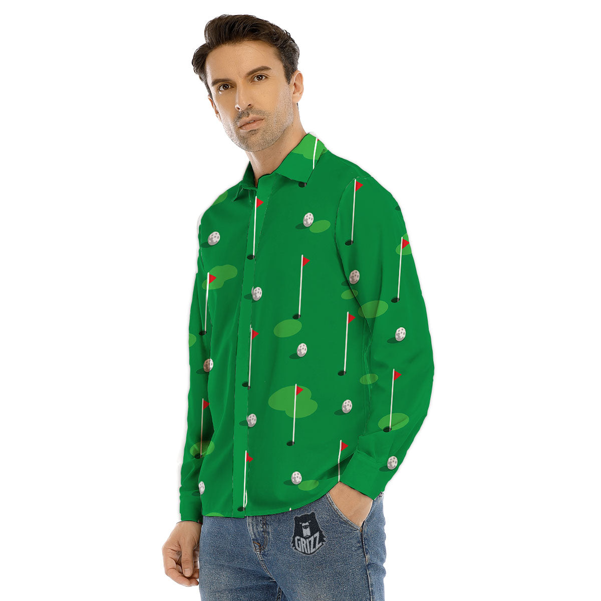 Golf Ball Green Print Pattern Men's Dress Shirts-grizzshop