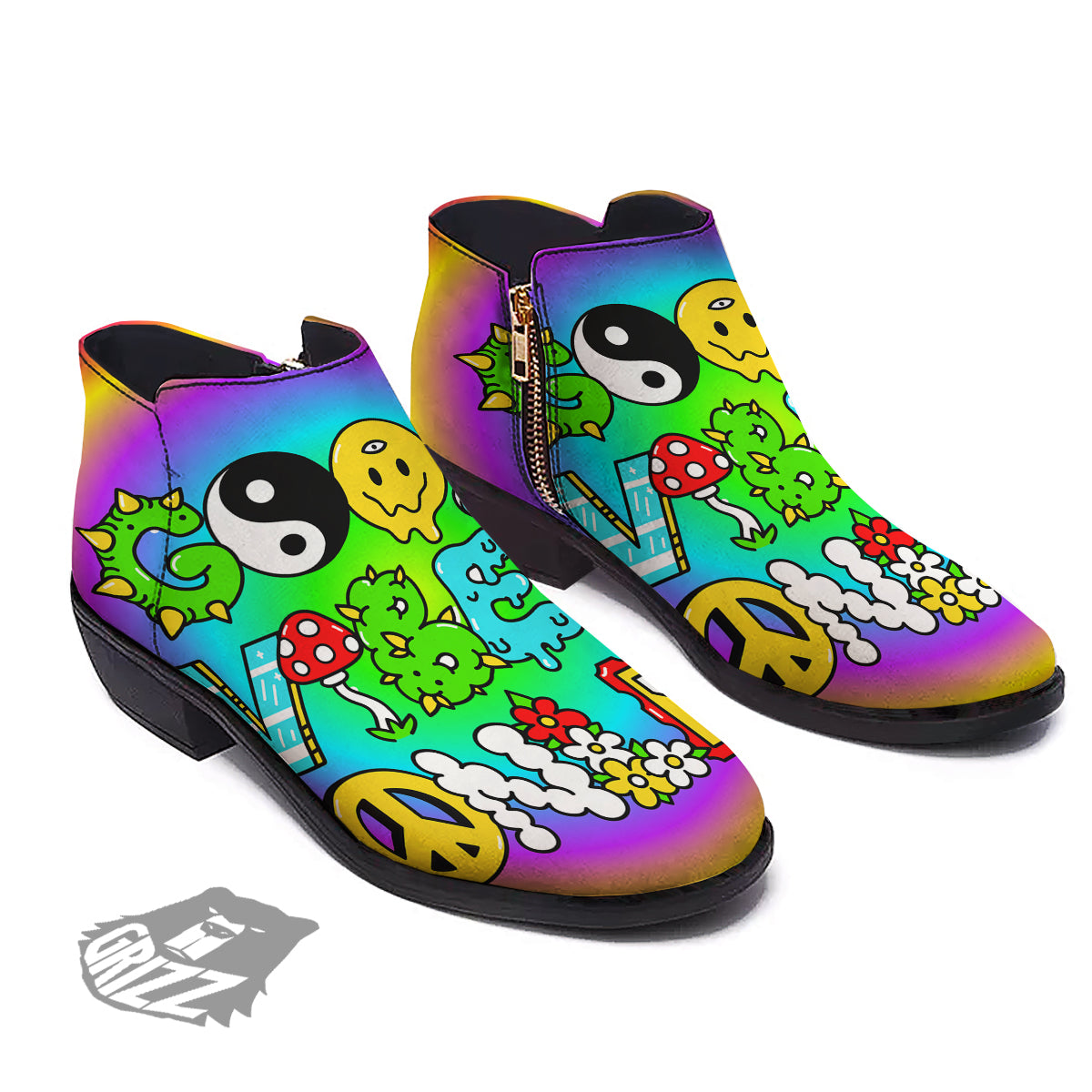 Good Vibes Only Quote Trippy Psychedelic Print Ankle Boots-grizzshop
