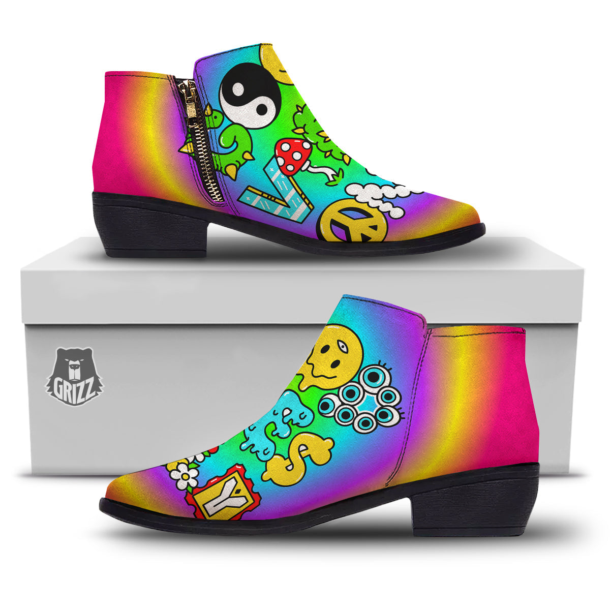 Good Vibes Only Quote Trippy Psychedelic Print Ankle Boots-grizzshop