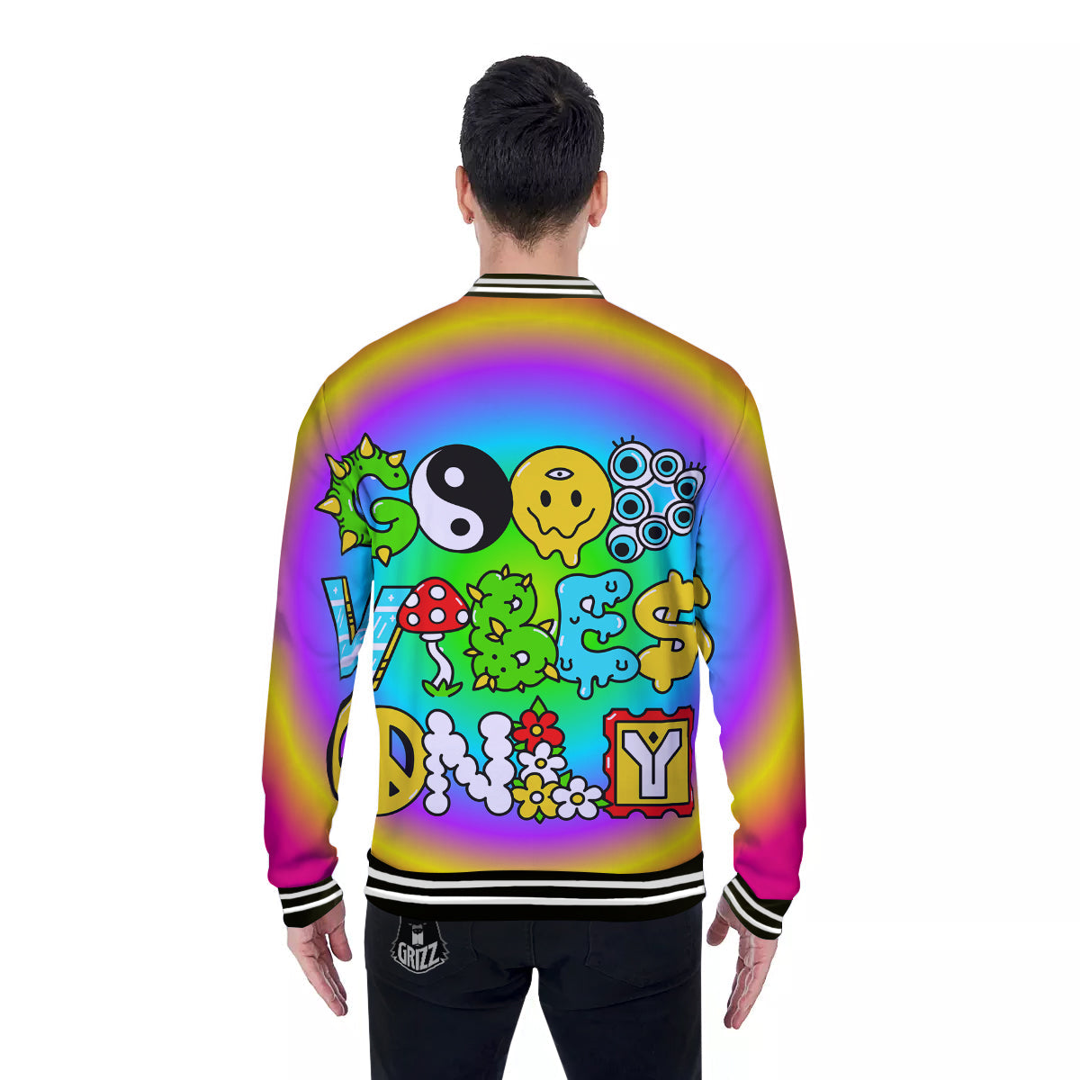 Good Vibes Only Quote Trippy Psychedelic Print Baseball Jacket-grizzshop
