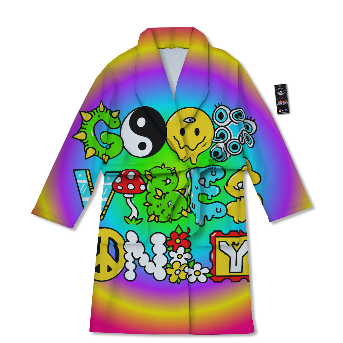 Good Vibes Only Quote Trippy Psychedelic Print Bathrobe-grizzshop