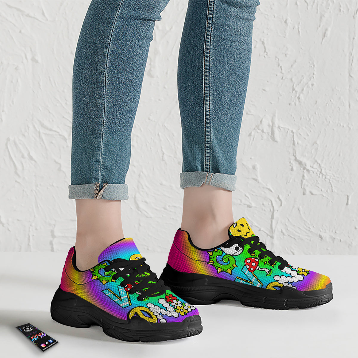 Good Vibes Only Quote Trippy Psychedelic Print Black Chunky Shoes-grizzshop