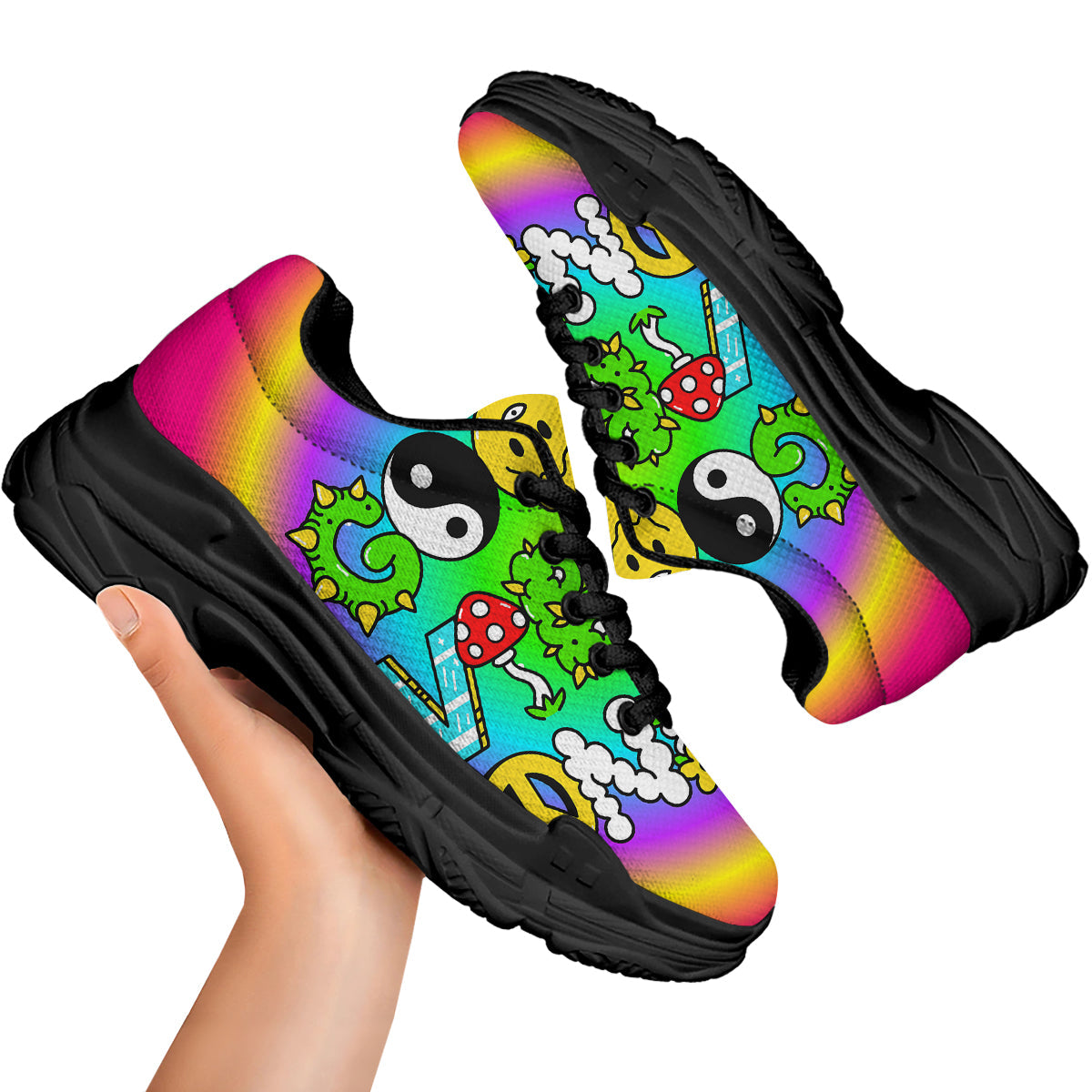 Good Vibes Only Quote Trippy Psychedelic Print Black Chunky Shoes-grizzshop