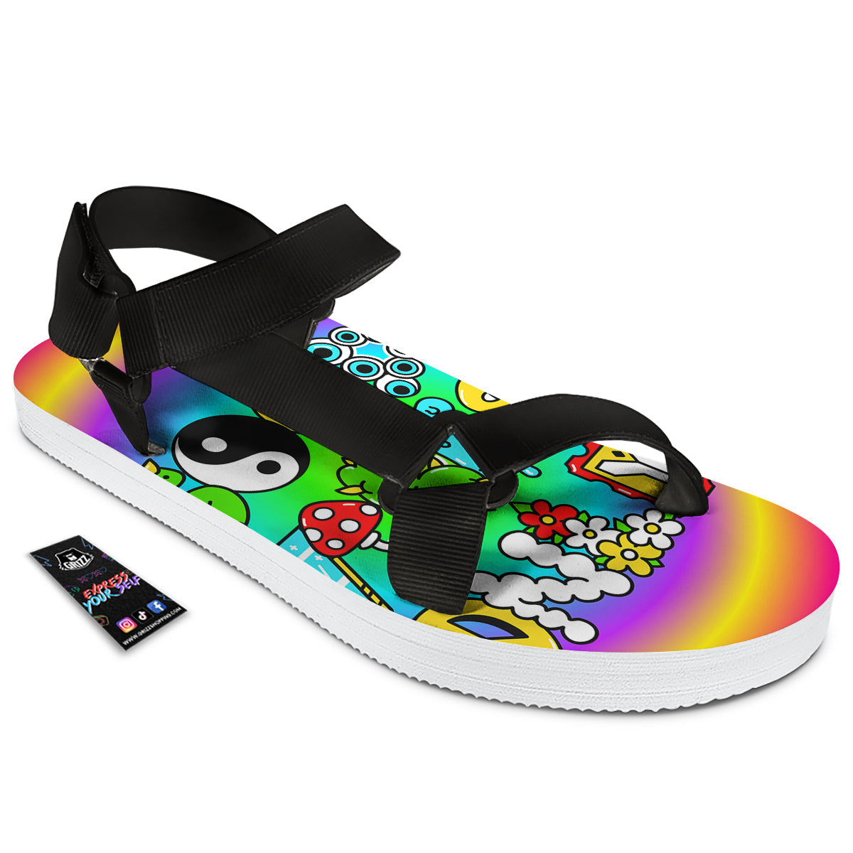 Good Vibes Only Quote Trippy Psychedelic Print Black Open Toe Sandals-grizzshop