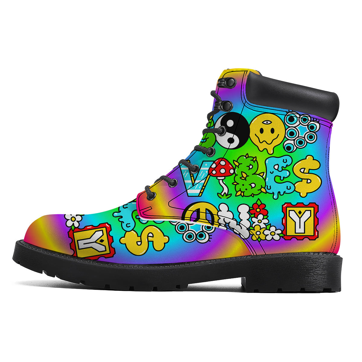 Good Vibes Only Quote Trippy Psychedelic Print Boots-grizzshop