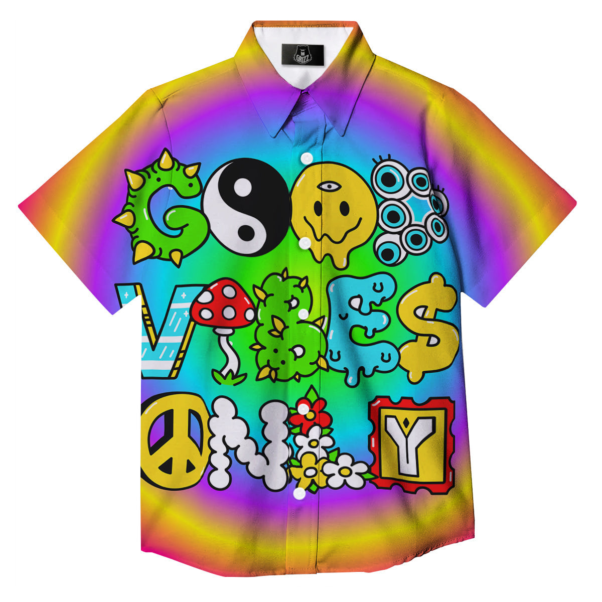 Good Vibes Only Quote Trippy Psychedelic Print Button Up Shirt-grizzshop