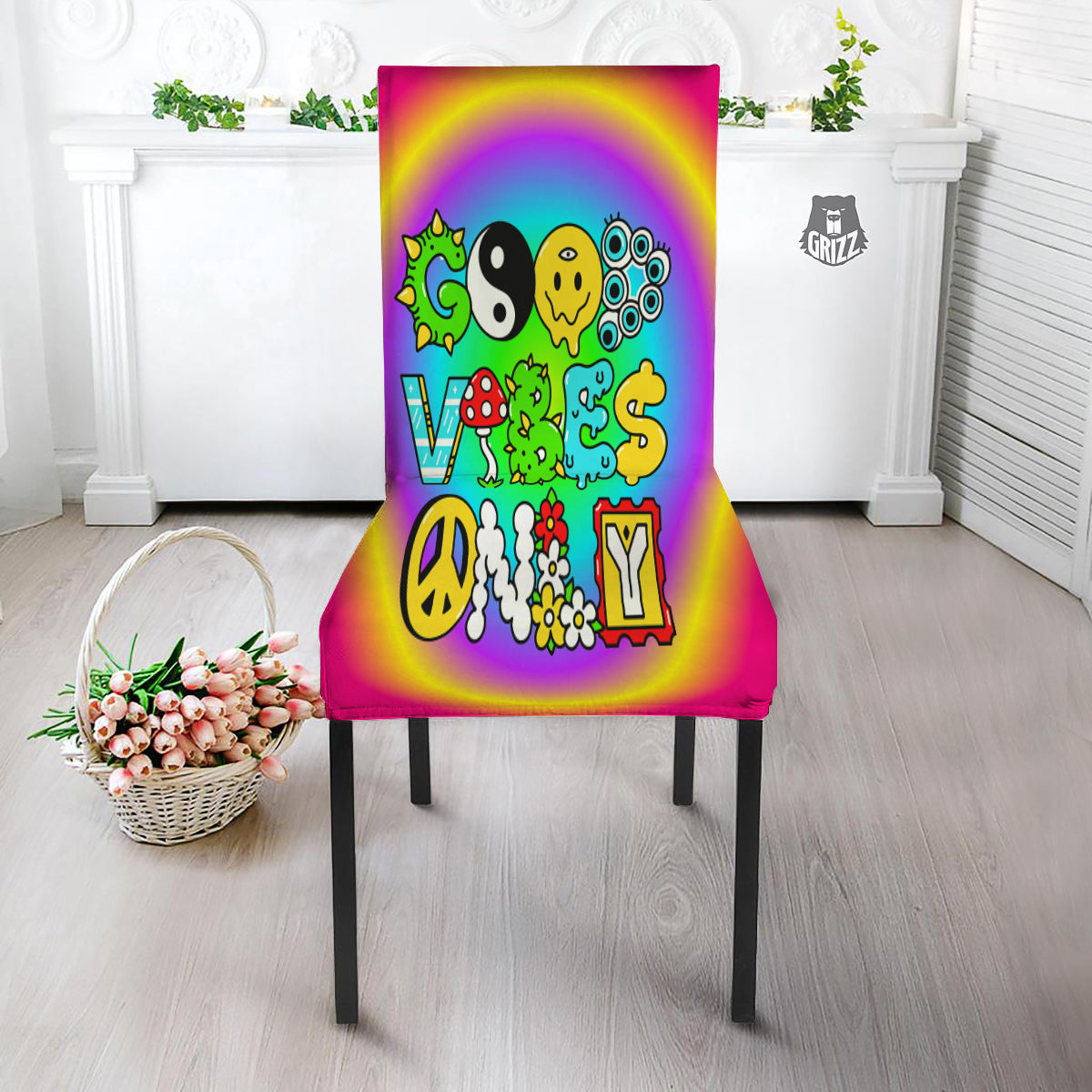 Good Vibes Only Quote Trippy Psychedelic Print Dining Chair Slipcover-grizzshop