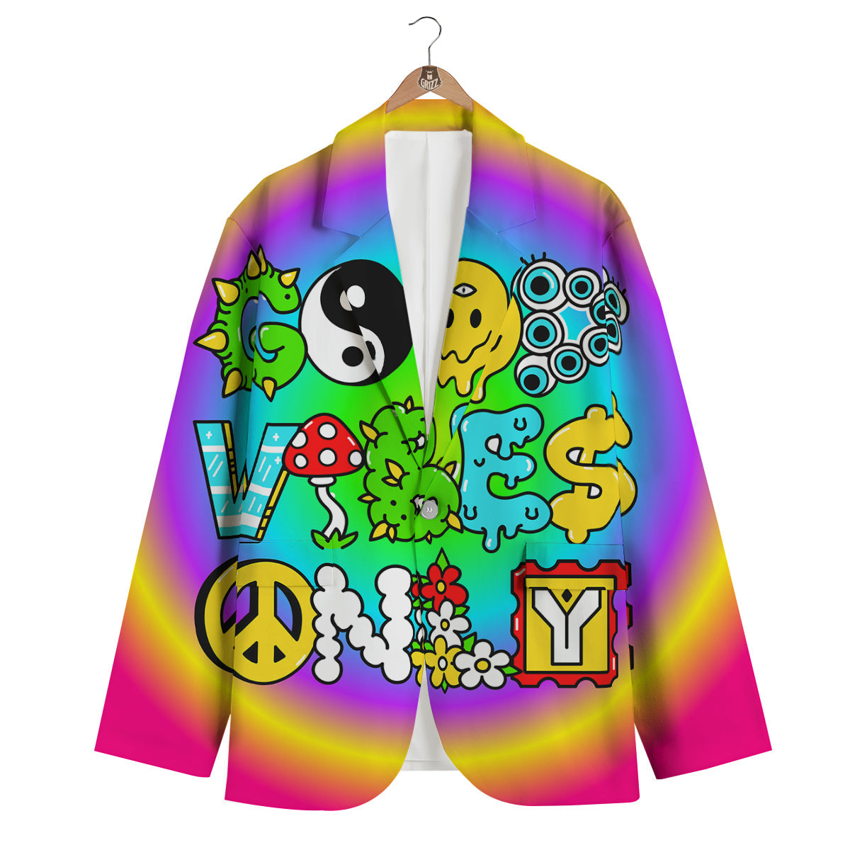 Good Vibes Only Quote Trippy Psychedelic Print Men's Blazer-grizzshop