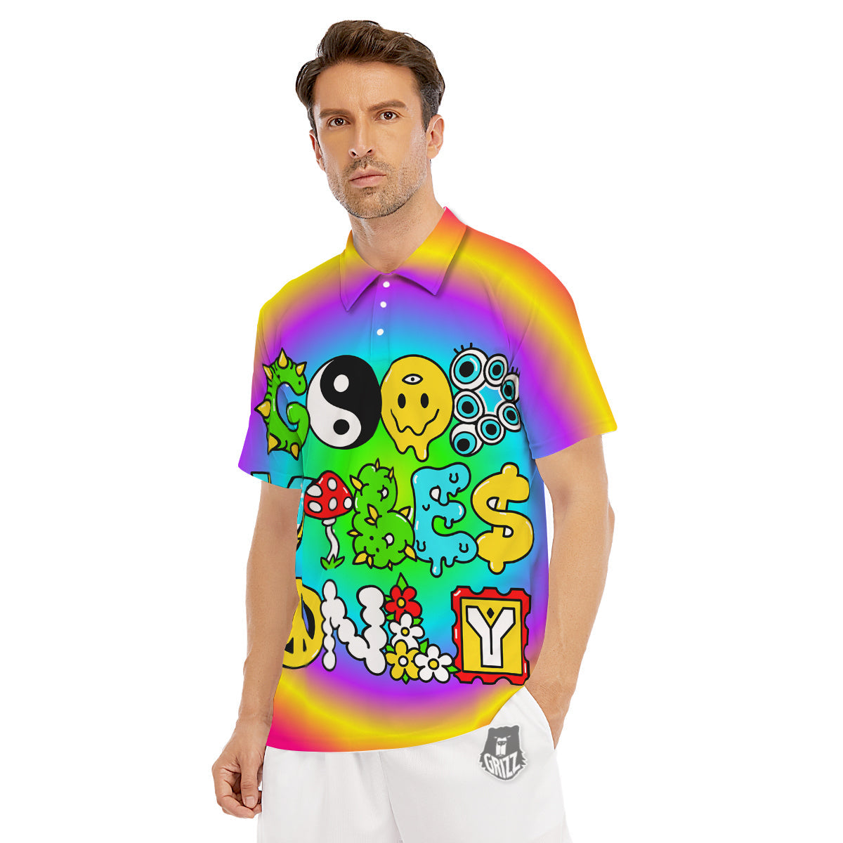 Good Vibes Only Quote Trippy Psychedelic Print Men's Golf Shirts-grizzshop