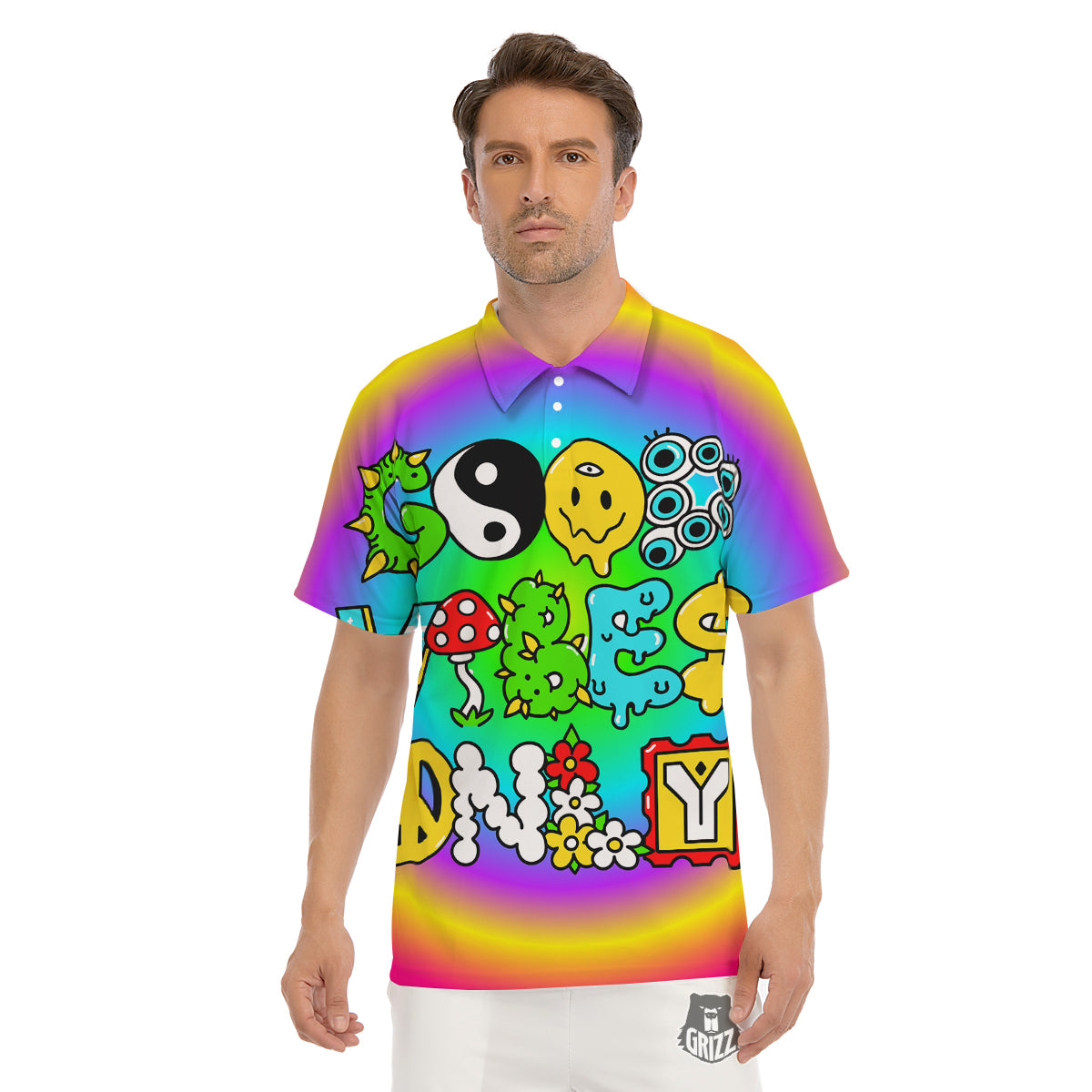 Good Vibes Only Quote Trippy Psychedelic Print Men's Golf Shirts-grizzshop