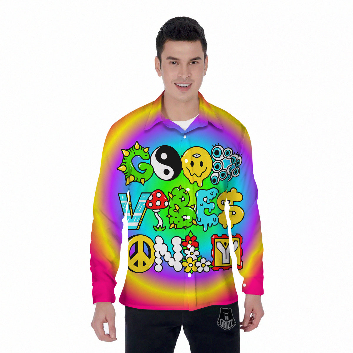 Good Vibes Only Quote Trippy Psychedelic Print Men's Long Sleeve Shirts-grizzshop