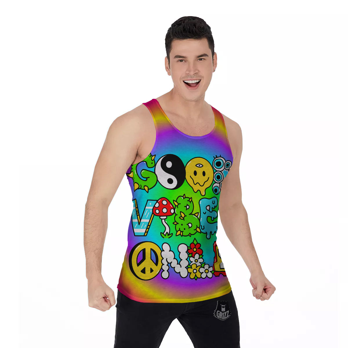 Good Vibes Only Quote Trippy Psychedelic Print Men's Tank Top-grizzshop