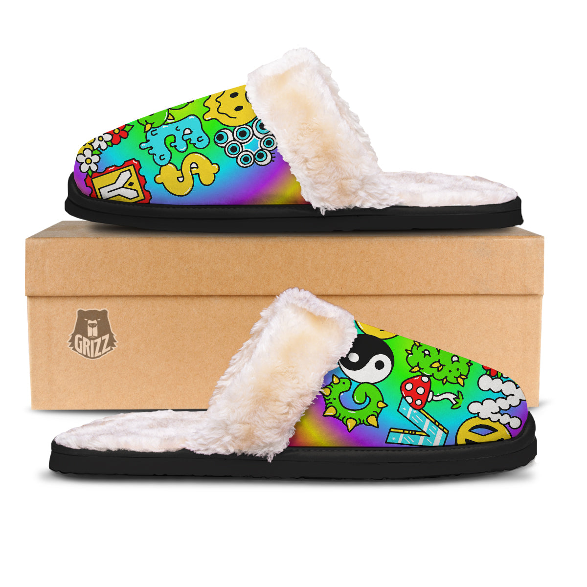 Good Vibes Only Quote Trippy Psychedelic Print Slippers-grizzshop