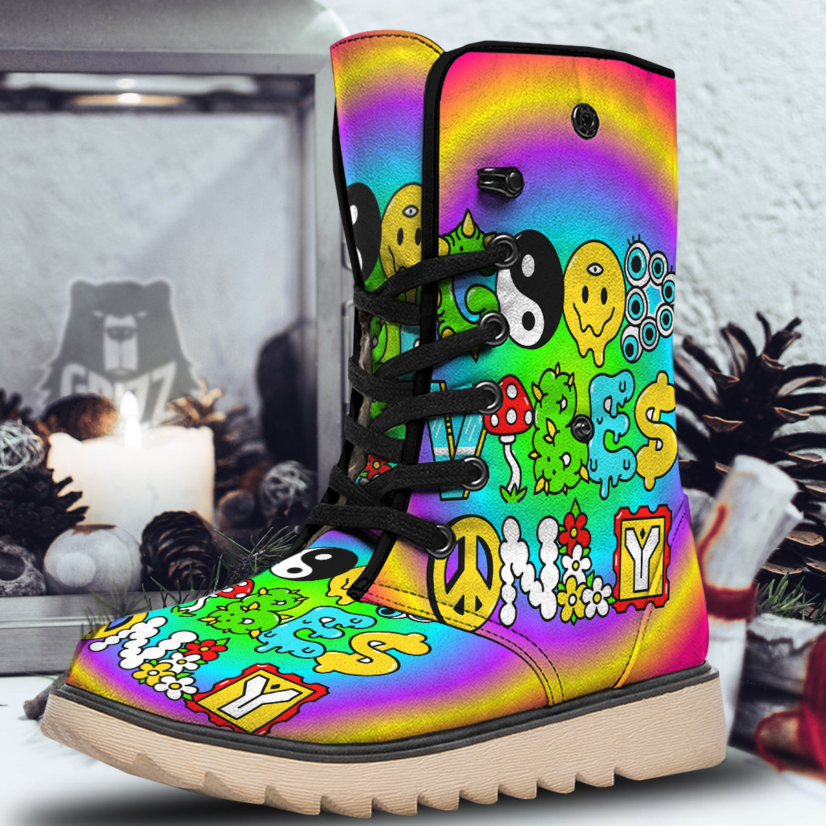 Good Vibes Only Quote Trippy Psychedelic Print Snow Boots-grizzshop
