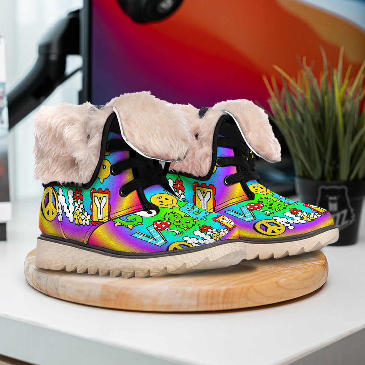 Good Vibes Only Quote Trippy Psychedelic Print Snow Boots-grizzshop