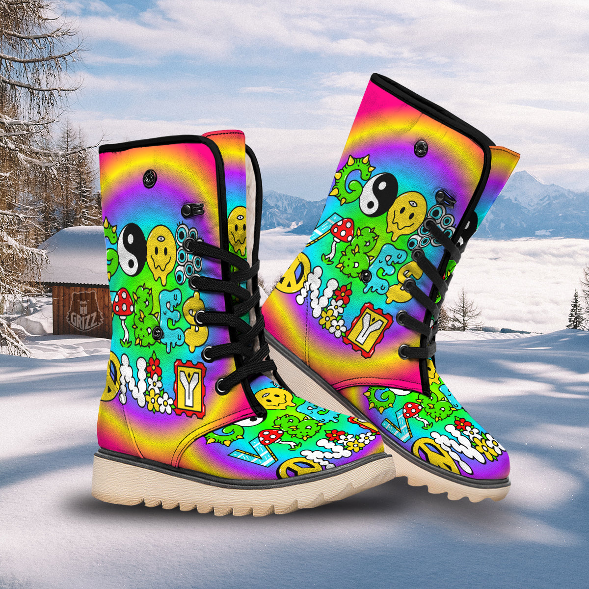 Good Vibes Only Quote Trippy Psychedelic Print Snow Boots-grizzshop