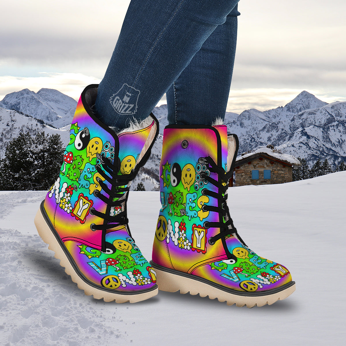 Good Vibes Only Quote Trippy Psychedelic Print Snow Boots-grizzshop