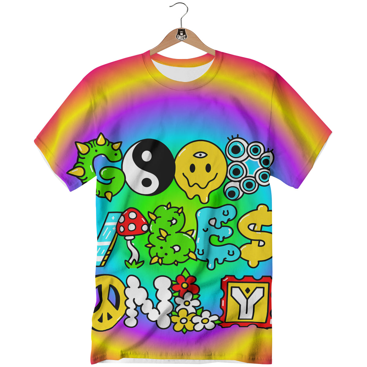 Good Vibes Only Quote Trippy Psychedelic Print T-Shirt-grizzshop