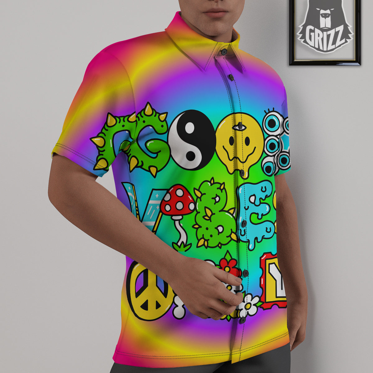 Good Vibes Only Quote Trippy Psychedelic Print Untucked Shirts-grizzshop