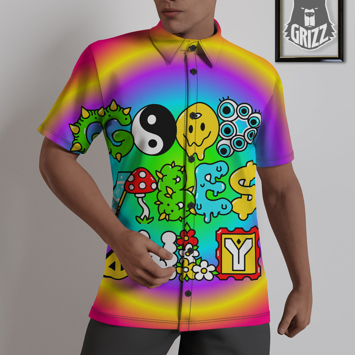 Good Vibes Only Quote Trippy Psychedelic Print Untucked Shirts-grizzshop