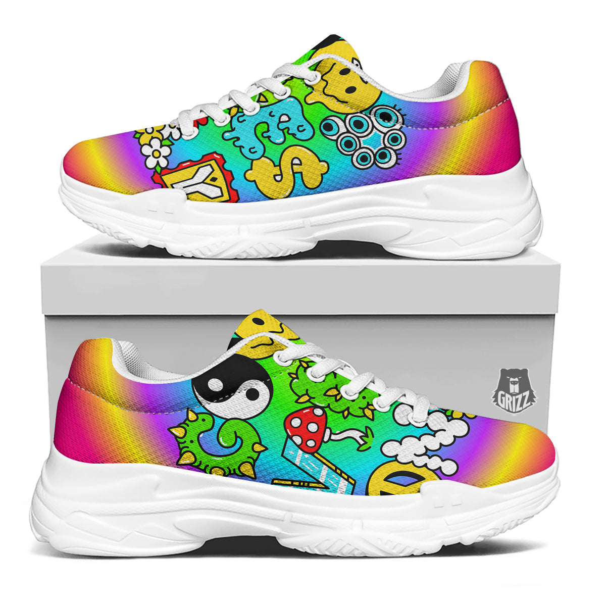 Good Vibes Only Quote Trippy Psychedelic Print White Chunky Shoes-grizzshop