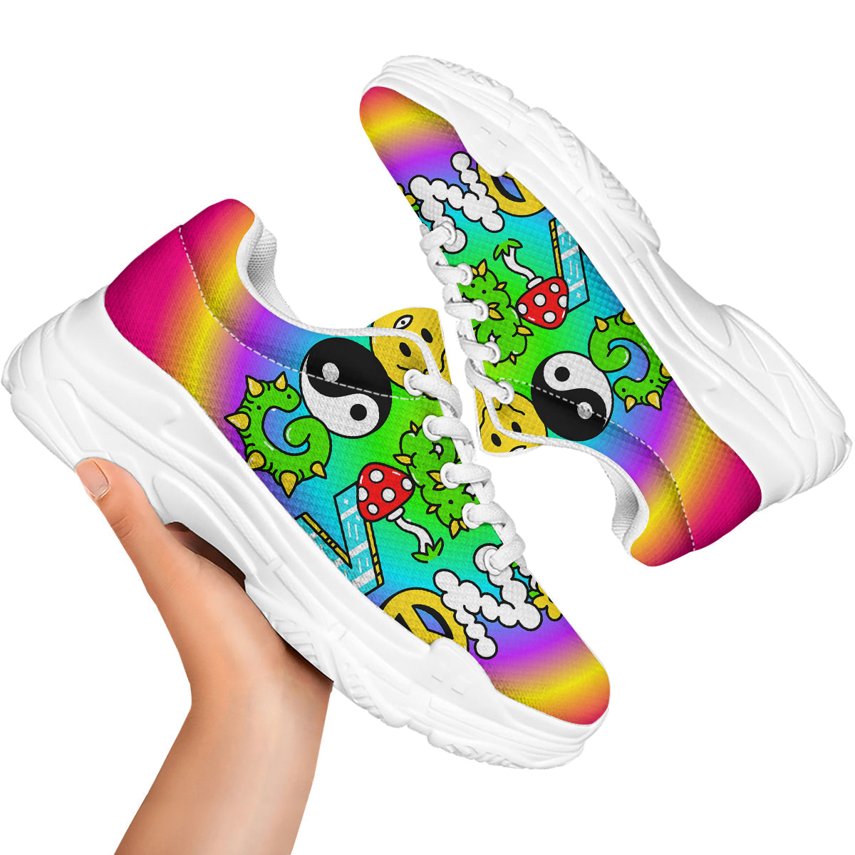 Good Vibes Only Quote Trippy Psychedelic Print White Chunky Shoes-grizzshop