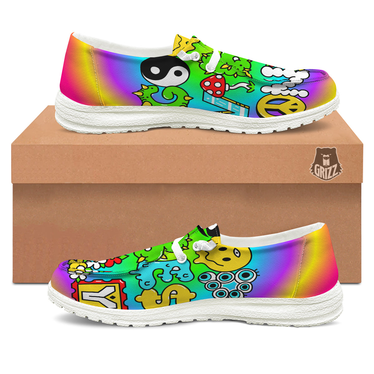 Good Vibes Only Quote Trippy Psychedelic Print White Loafers-grizzshop