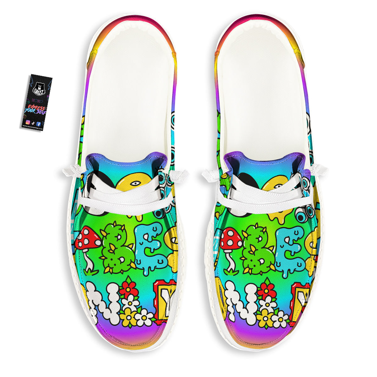 Good Vibes Only Quote Trippy Psychedelic Print White Loafers-grizzshop
