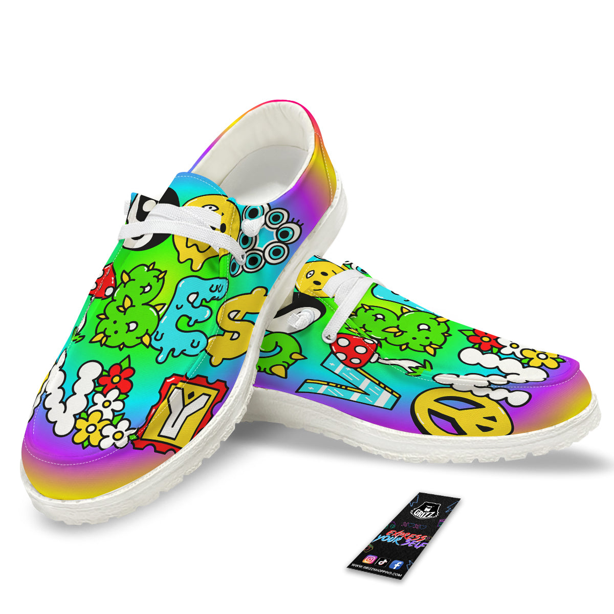 Good Vibes Only Quote Trippy Psychedelic Print White Loafers-grizzshop
