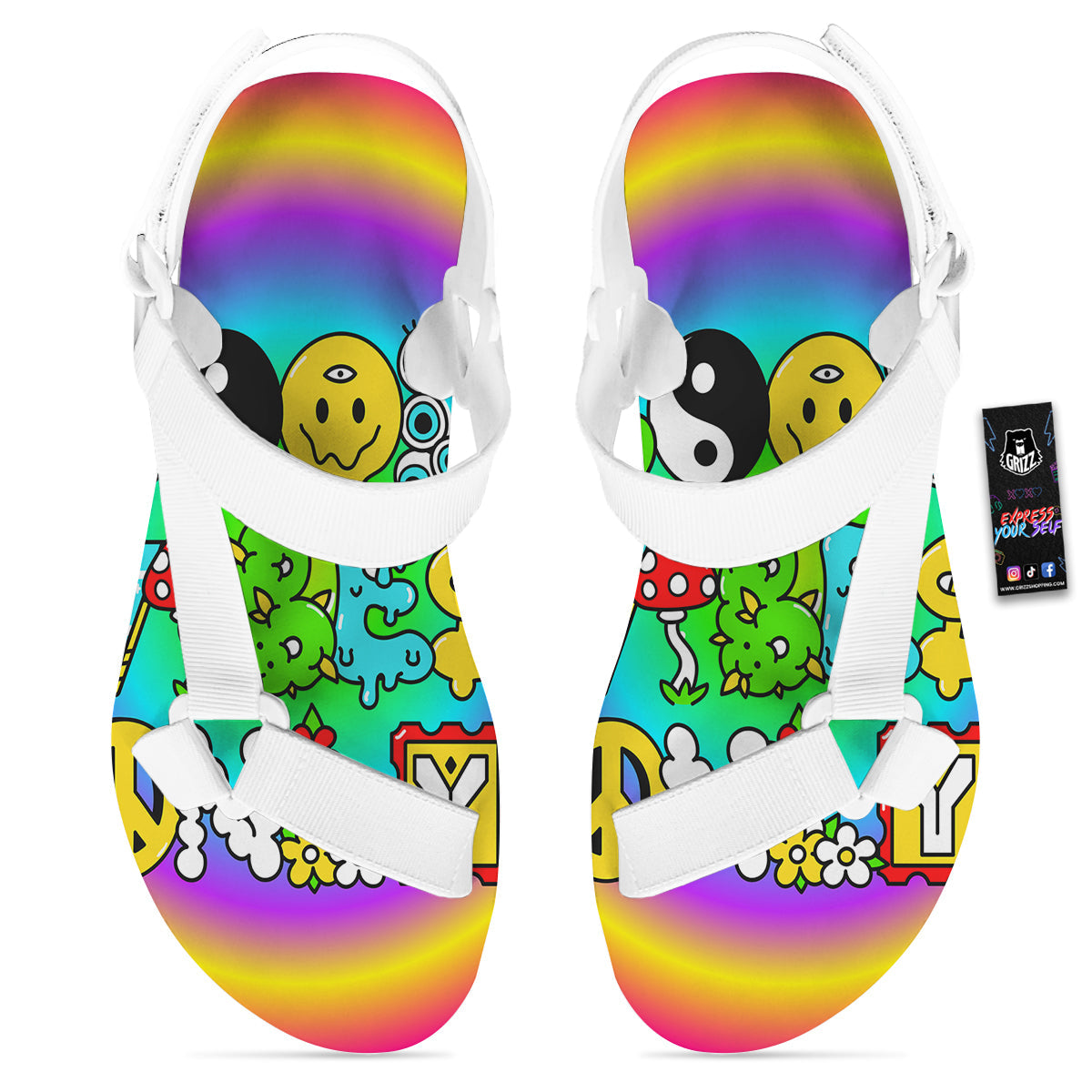 Good Vibes Only Quote Trippy Psychedelic Print White Open Toe Sandals-grizzshop