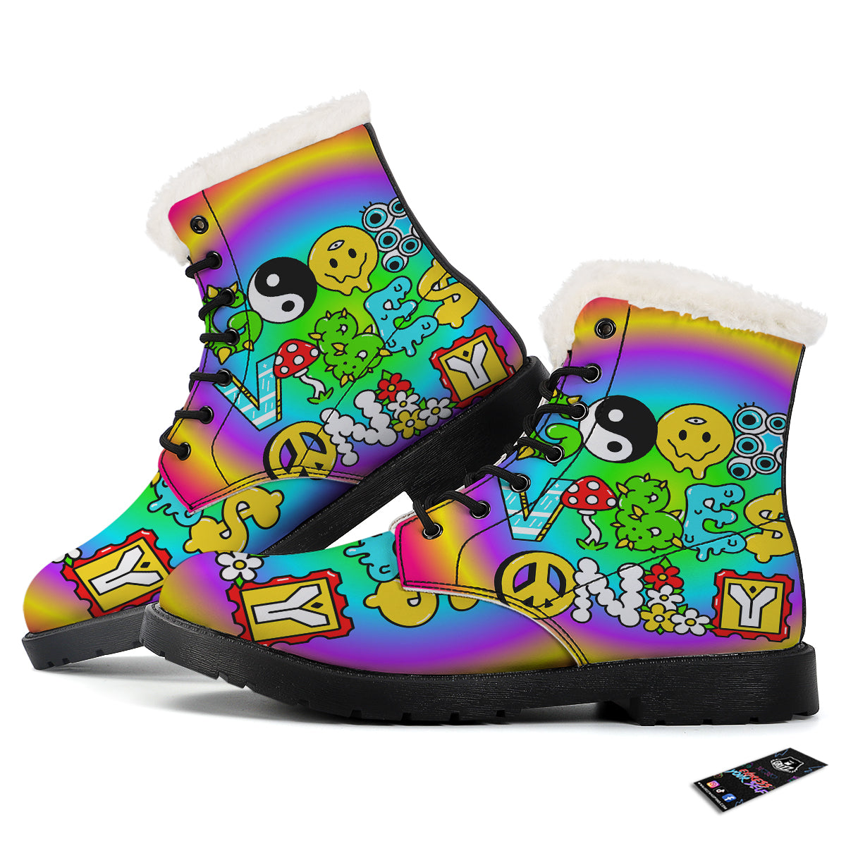 Good Vibes Only Quote Trippy Psychedelic Print Winter Boots-grizzshop