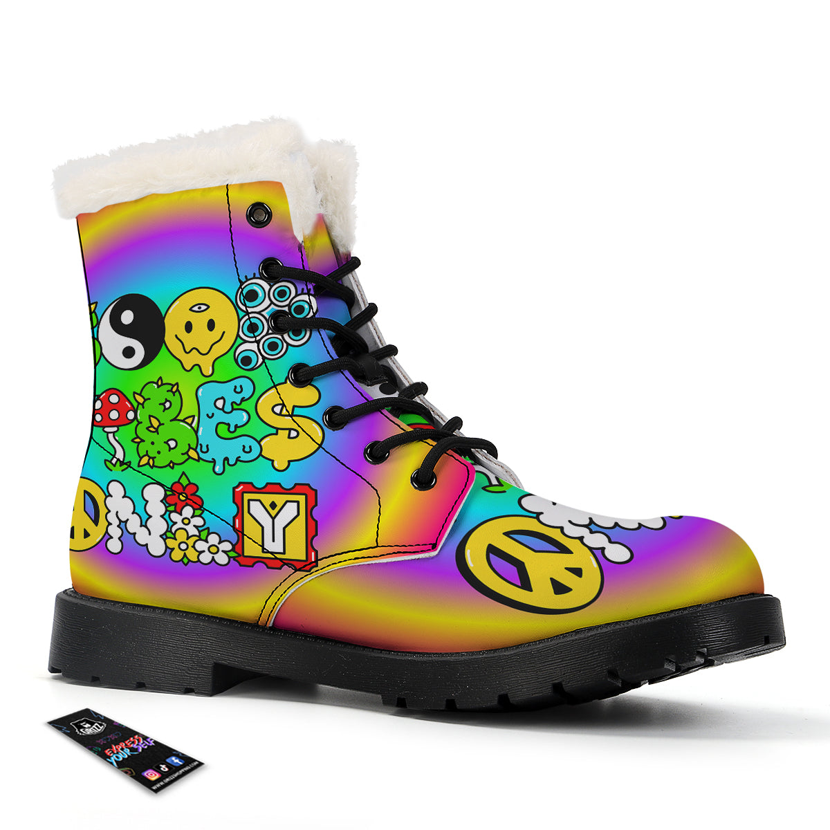 Good Vibes Only Quote Trippy Psychedelic Print Winter Boots-grizzshop