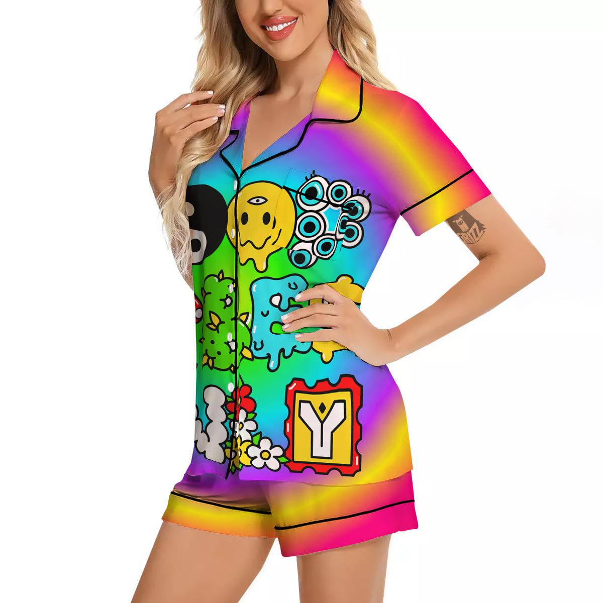 Good Vibes Only Quote Trippy Psychedelic Print Women Silk Pajamas-grizzshop