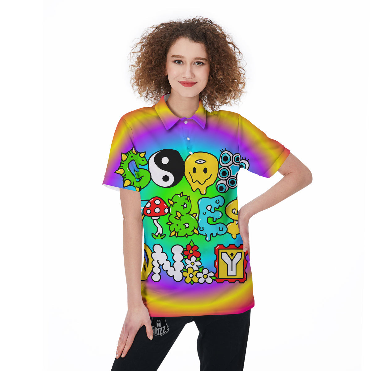Good Vibes Only Quote Trippy Psychedelic Print Women's Golf Shirts-grizzshop