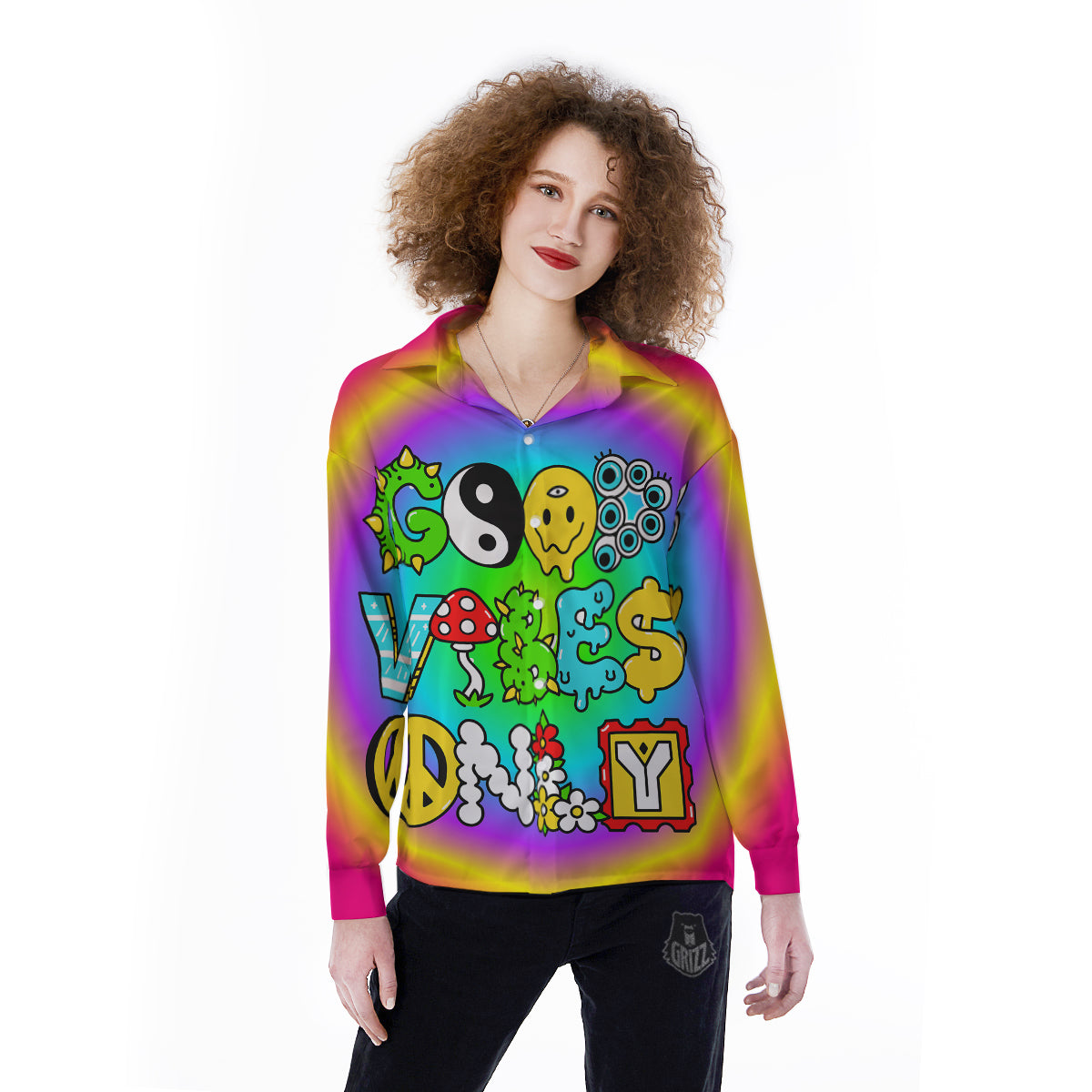 Good Vibes Only Quote Trippy Psychedelic Print Women's Long Sleeve Shirts-grizzshop