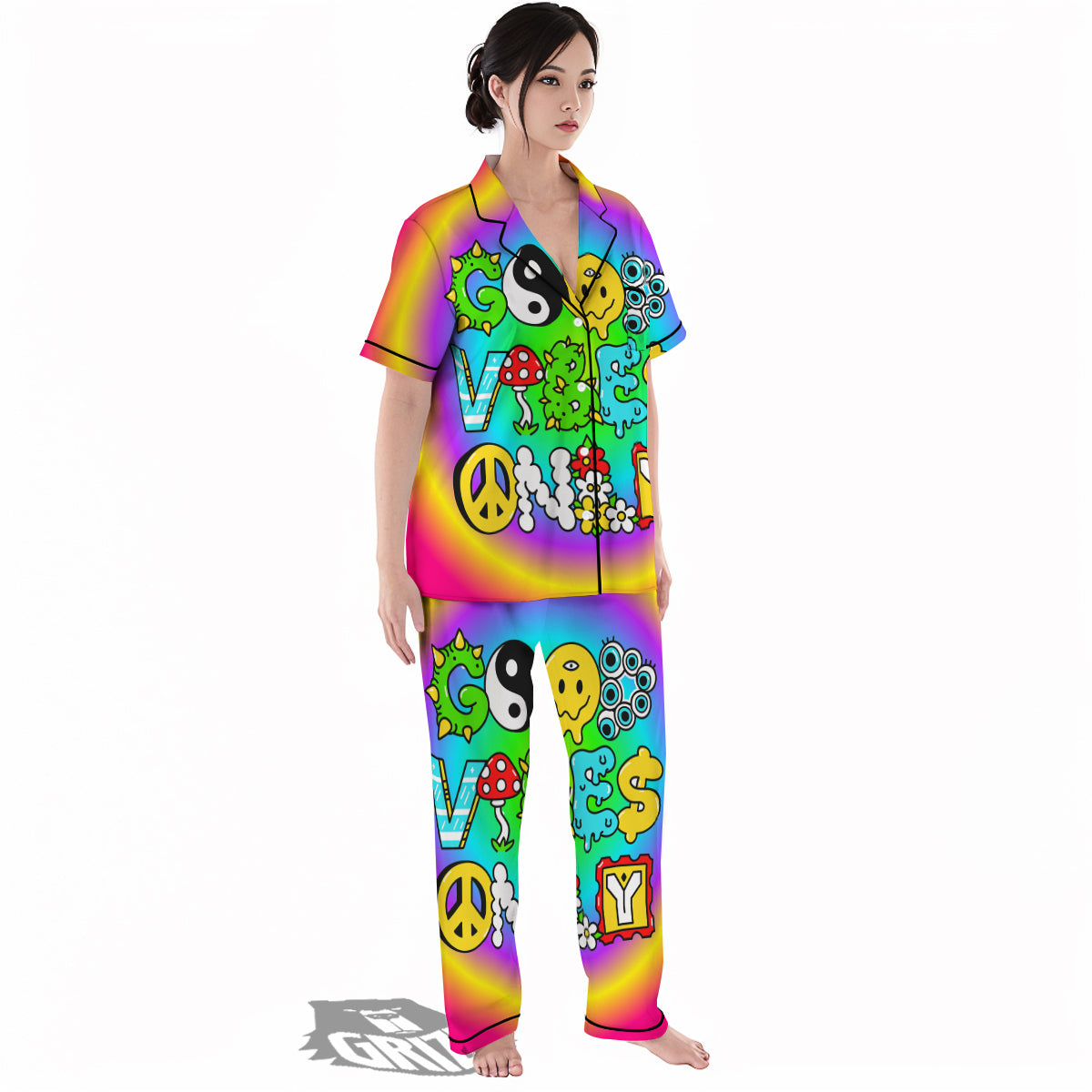 Good Vibes Only Quote Trippy Psychedelic Print Women's Pajamas Set-grizzshop