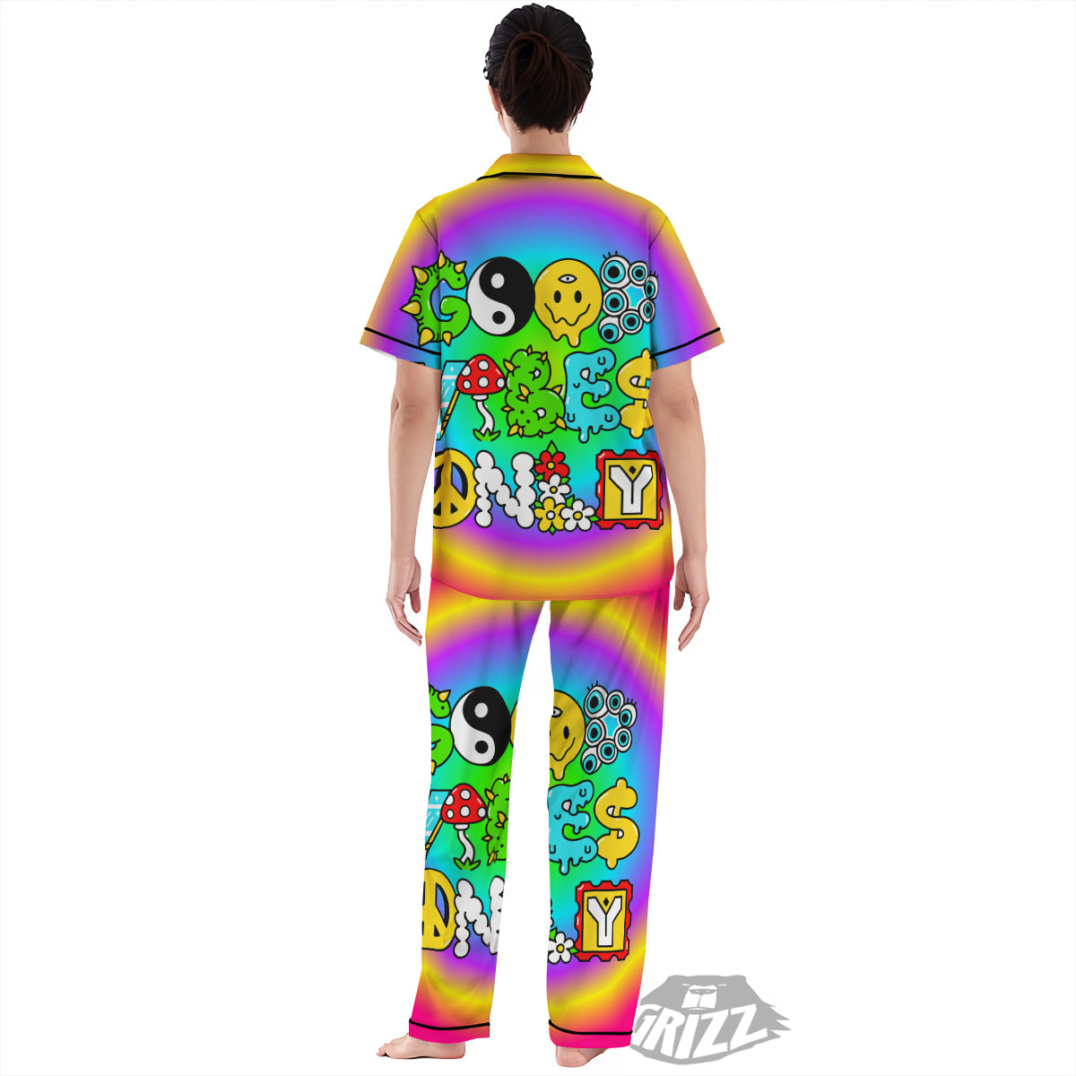 Good Vibes Only Quote Trippy Psychedelic Print Women's Pajamas Set-grizzshop