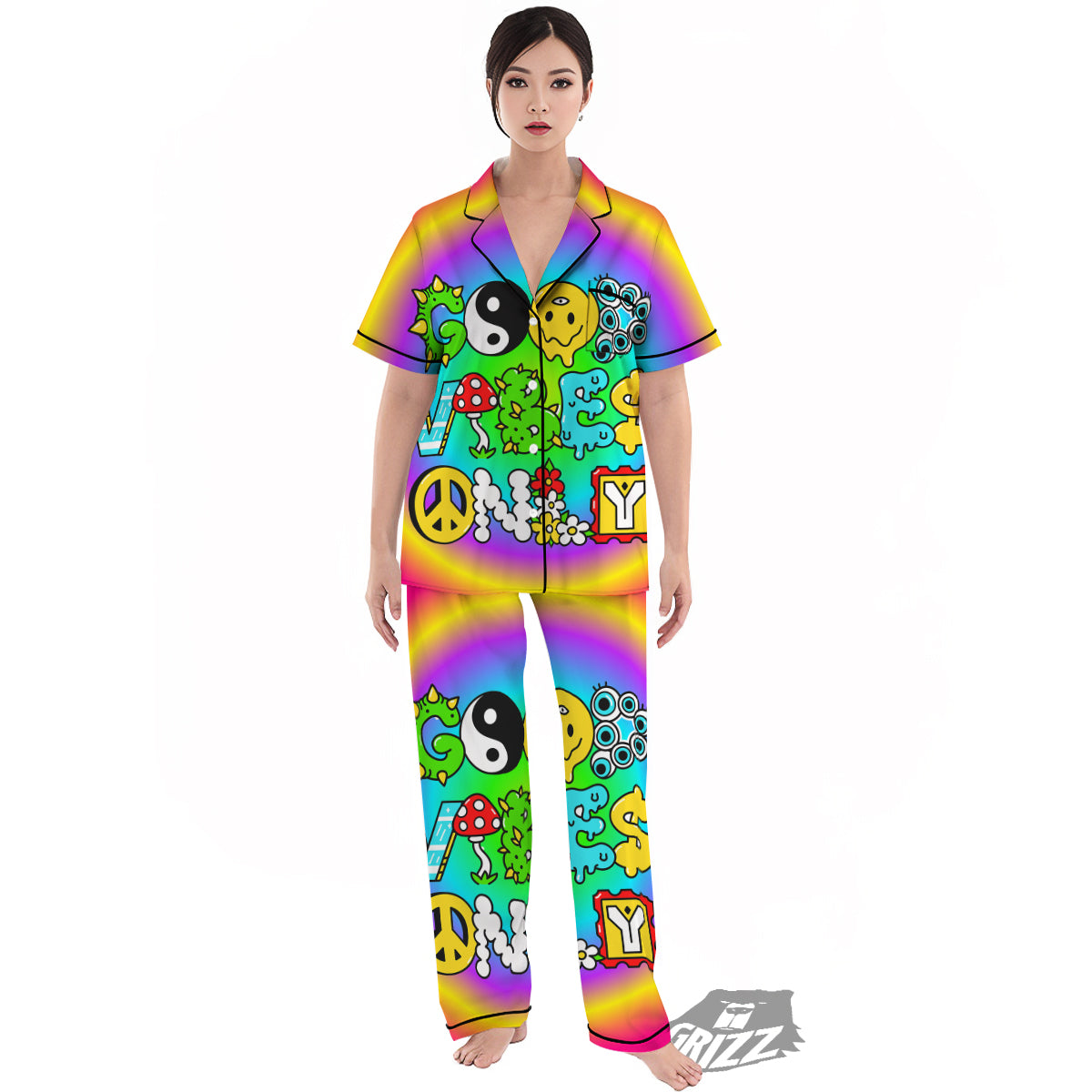 Good Vibes Only Quote Trippy Psychedelic Print Women's Pajamas Set-grizzshop