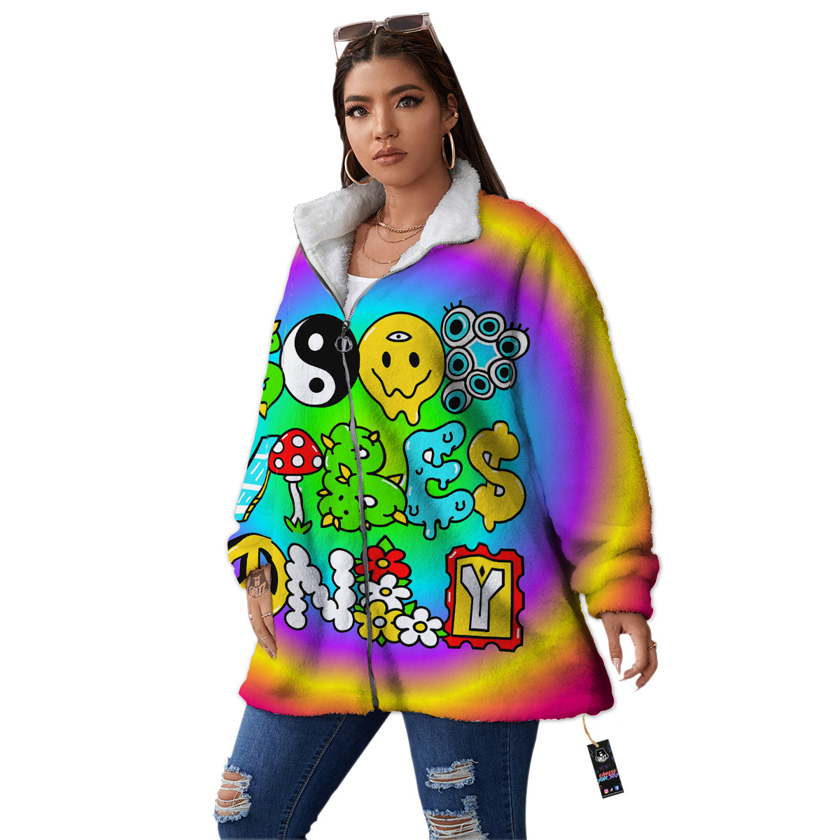 Good Vibes Only Quote Trippy Psychedelic Print Women's Sherpa Jacket-grizzshop