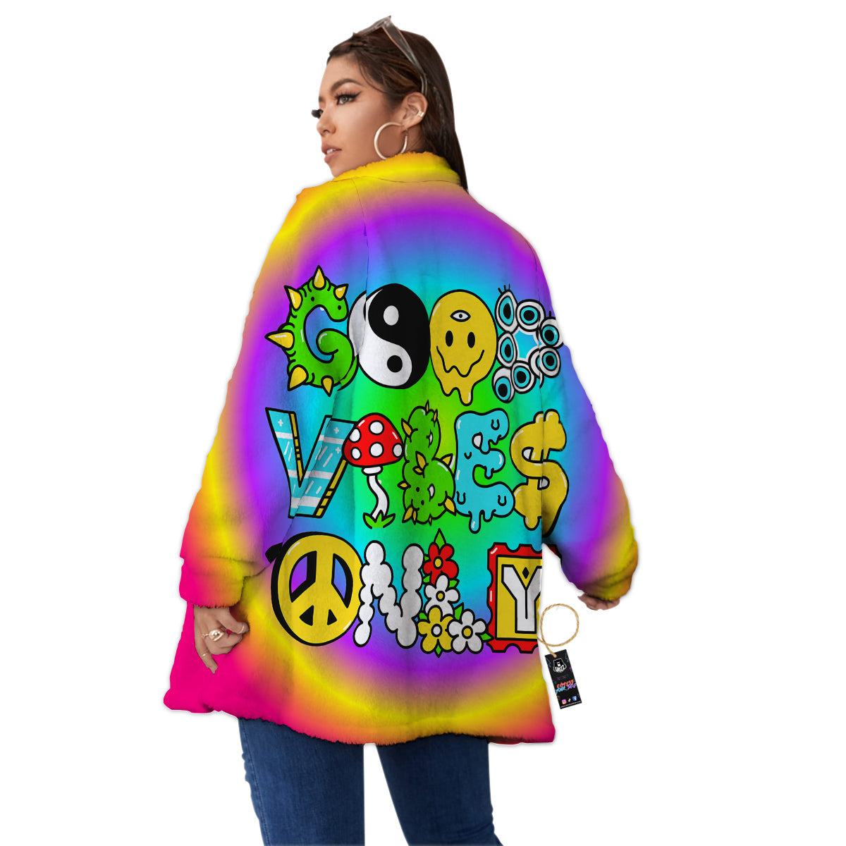 Good Vibes Only Quote Trippy Psychedelic Print Women's Sherpa Jacket-grizzshop