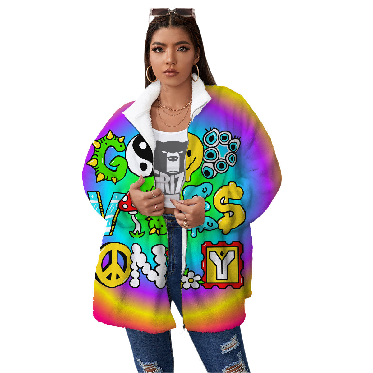 Good Vibes Only Quote Trippy Psychedelic Print Women's Sherpa Jacket-grizzshop